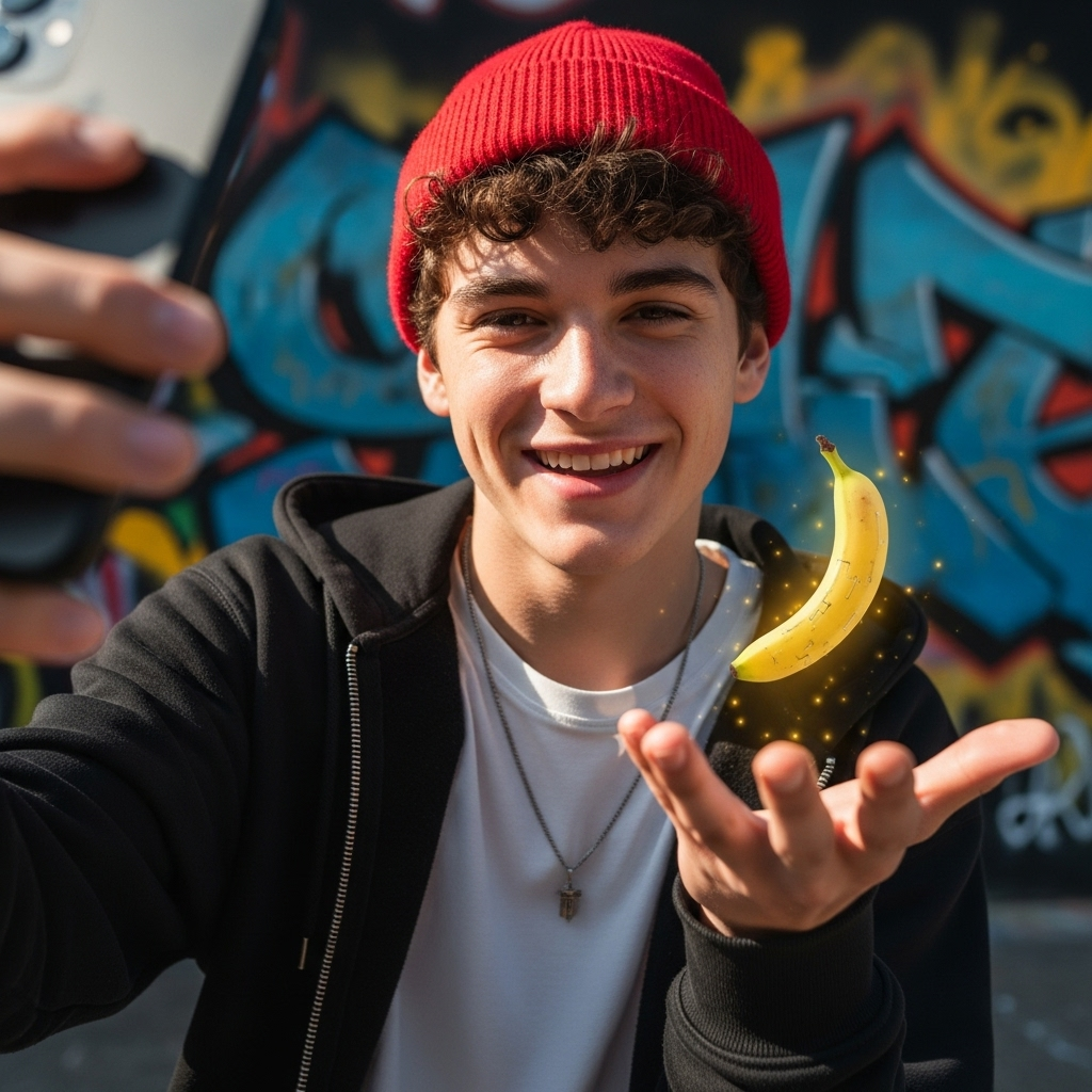 Create a selfie of a young boy in casual streetwear