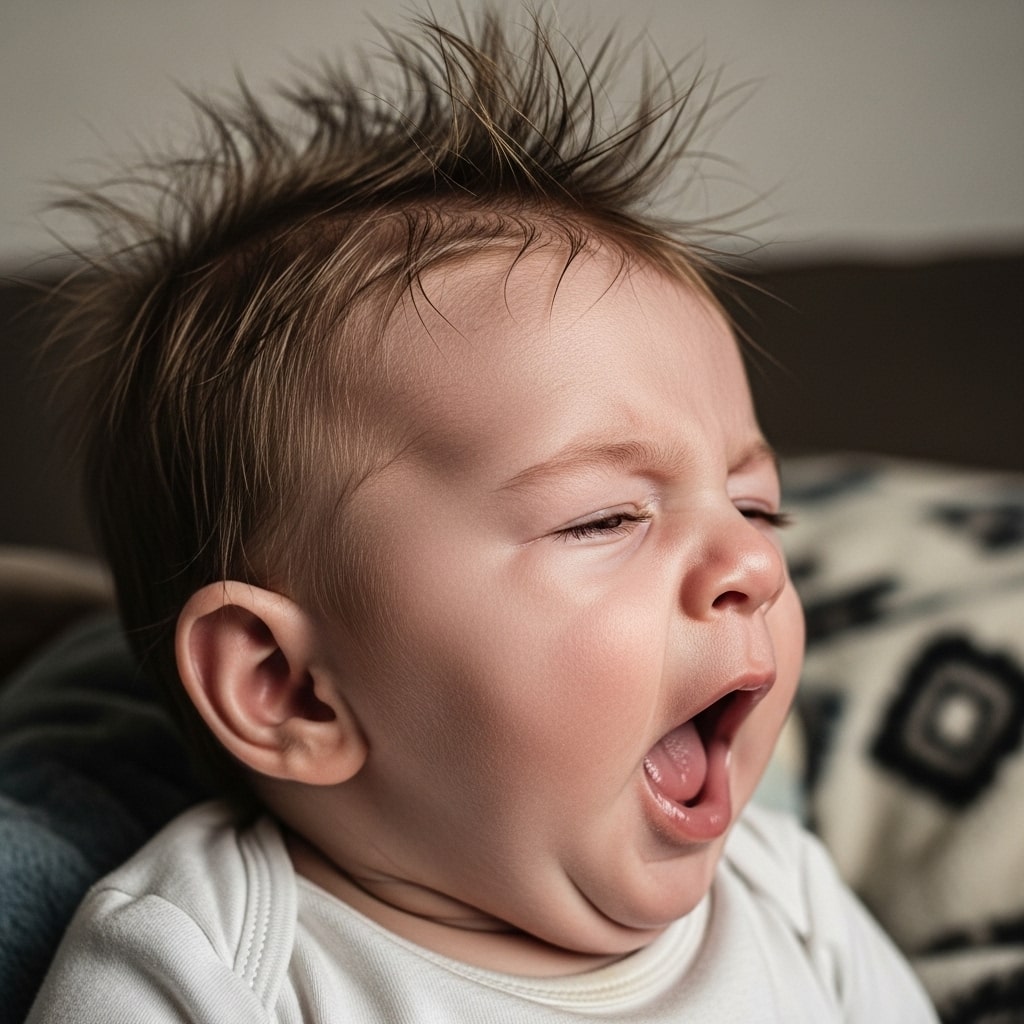 exhausted baby with messy hair mid-yawn