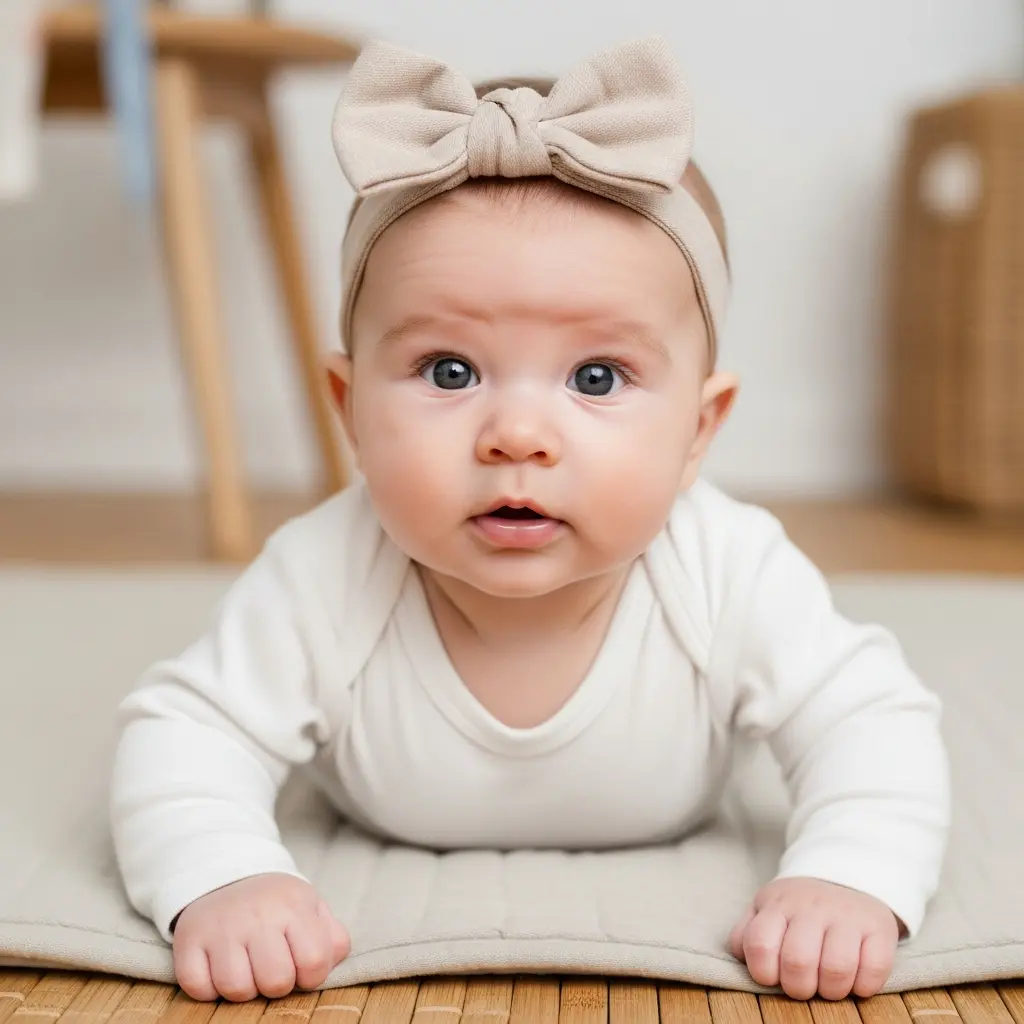alert baby during tummy time looking at camera