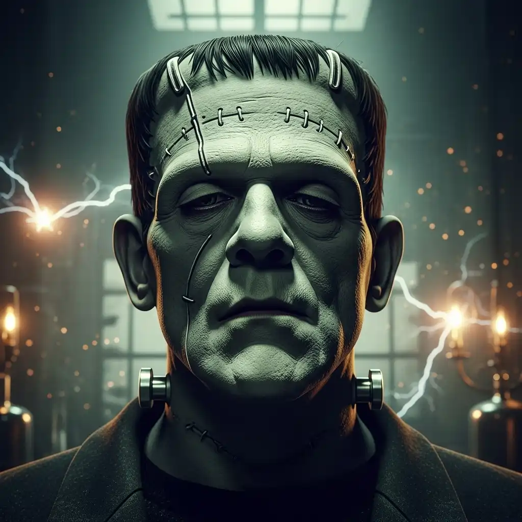 A somber, AI-generated portrait of Frankenstein's monster in his lab, featuring greenish-grey skin, metal staples in his forehead, large neck bolts, and arcing electricity in the background.