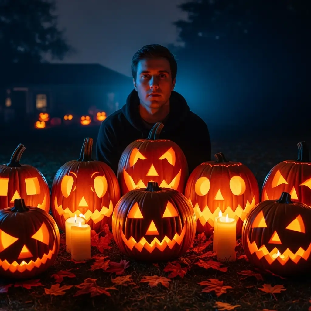A man sits in the dark behind a semi-circle of glowing jack-o'-lanterns, his face lit from below by their eerie orange light on Halloween night.