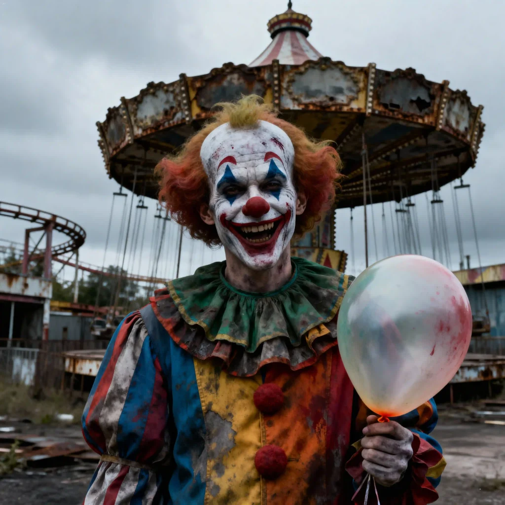 A horrifying clown with sharp teeth and dirty, smeared makeup stands in front of a rusty, abandoned carnival carousel, holding a grimy balloon.