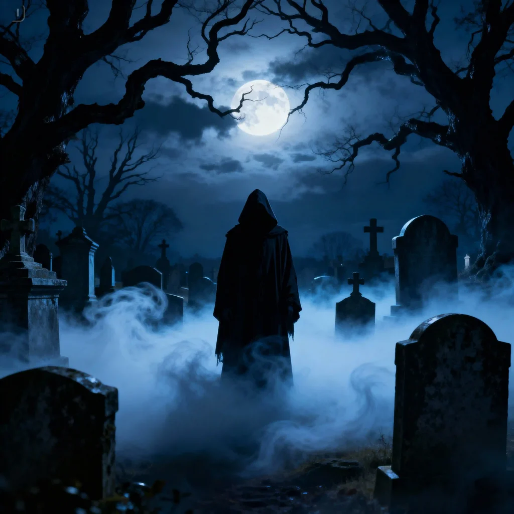 A mysterious, dark-hooded figure stands in a foggy graveyard at night under a full moon, surrounded by tombstones and silhouetted by gnarled trees.