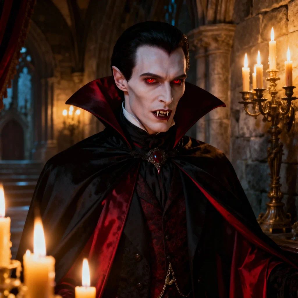 An elegant gothic vampire with pale skin, red eyes, and a high-collared cape stands in a stone castle interior lit by warm candelabras.
