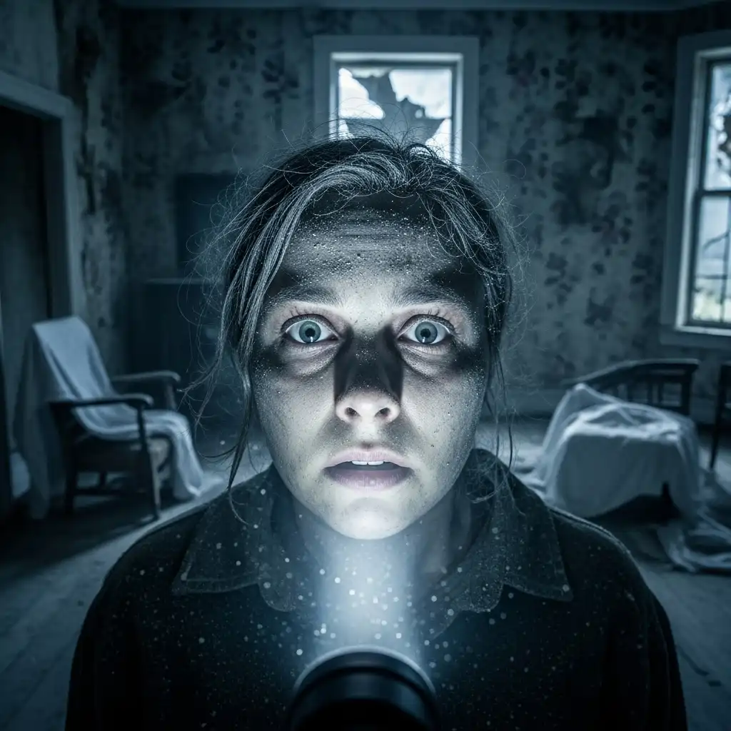 A close-up portrait of a terrified woman in a dark, abandoned room, her face lit from below by the beam of a flashlight, highlighting her wide, scared eyes.