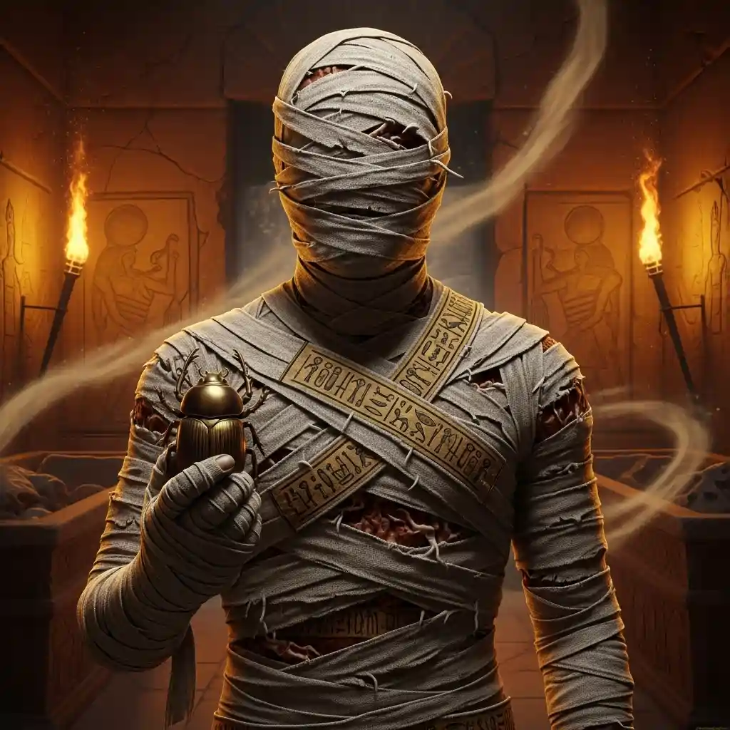 An ancient mummy wrapped in detailed bandages holds a golden scarab beetle while standing in a torch-lit Egyptian tomb with hieroglyphics on the walls.