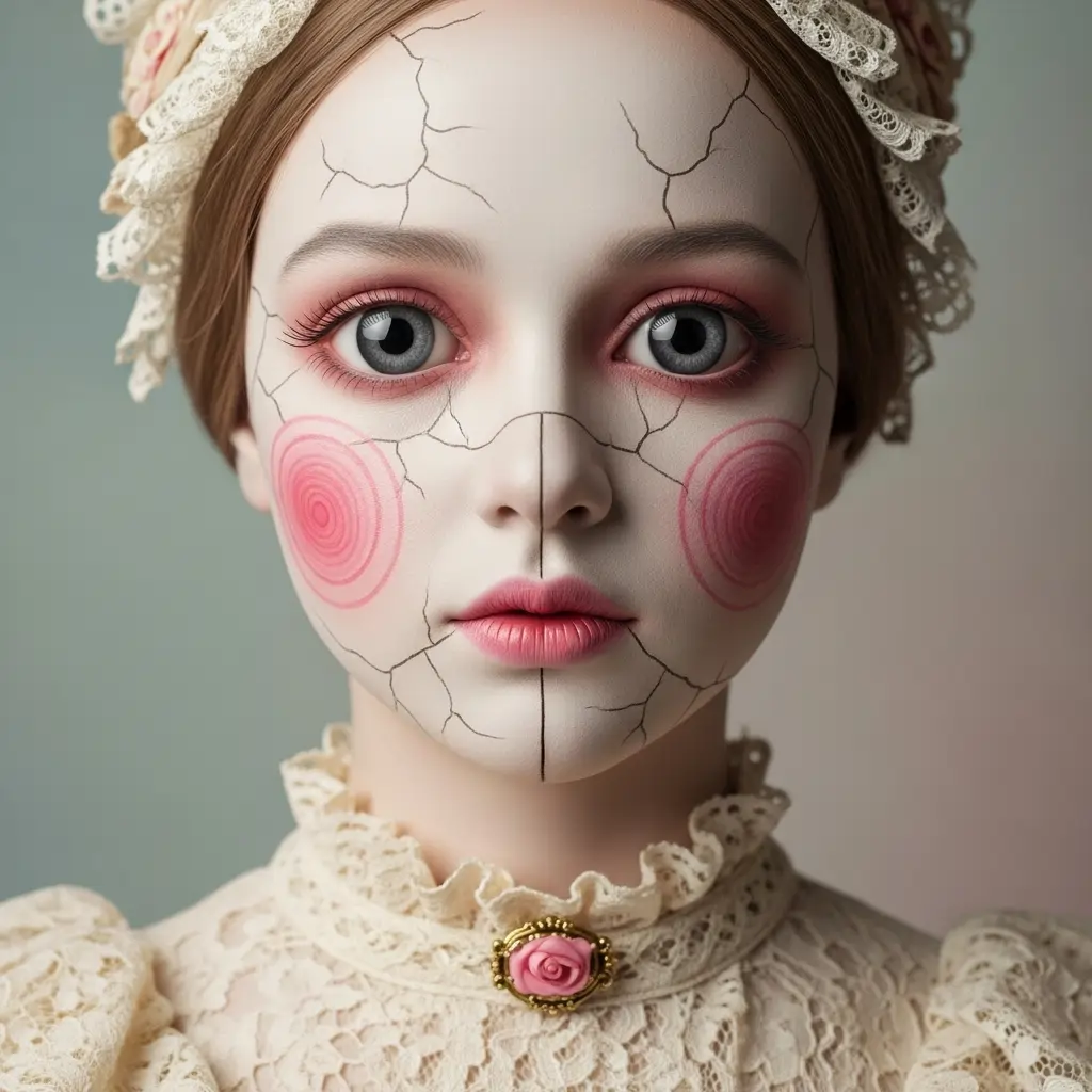 A Gemini AI-generated portrait of a haunted porcelain doll, featuring a pale face with delicate cracks, large sad eyes, pink spiral blush, and a vintage lace bonnet and collar.