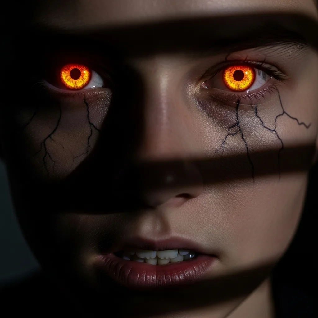 A close-up horror image created with Gemini AI, showing a person's face in shadow with intensely glowing orange demonic eyes and black veins cracking the skin beneath them.