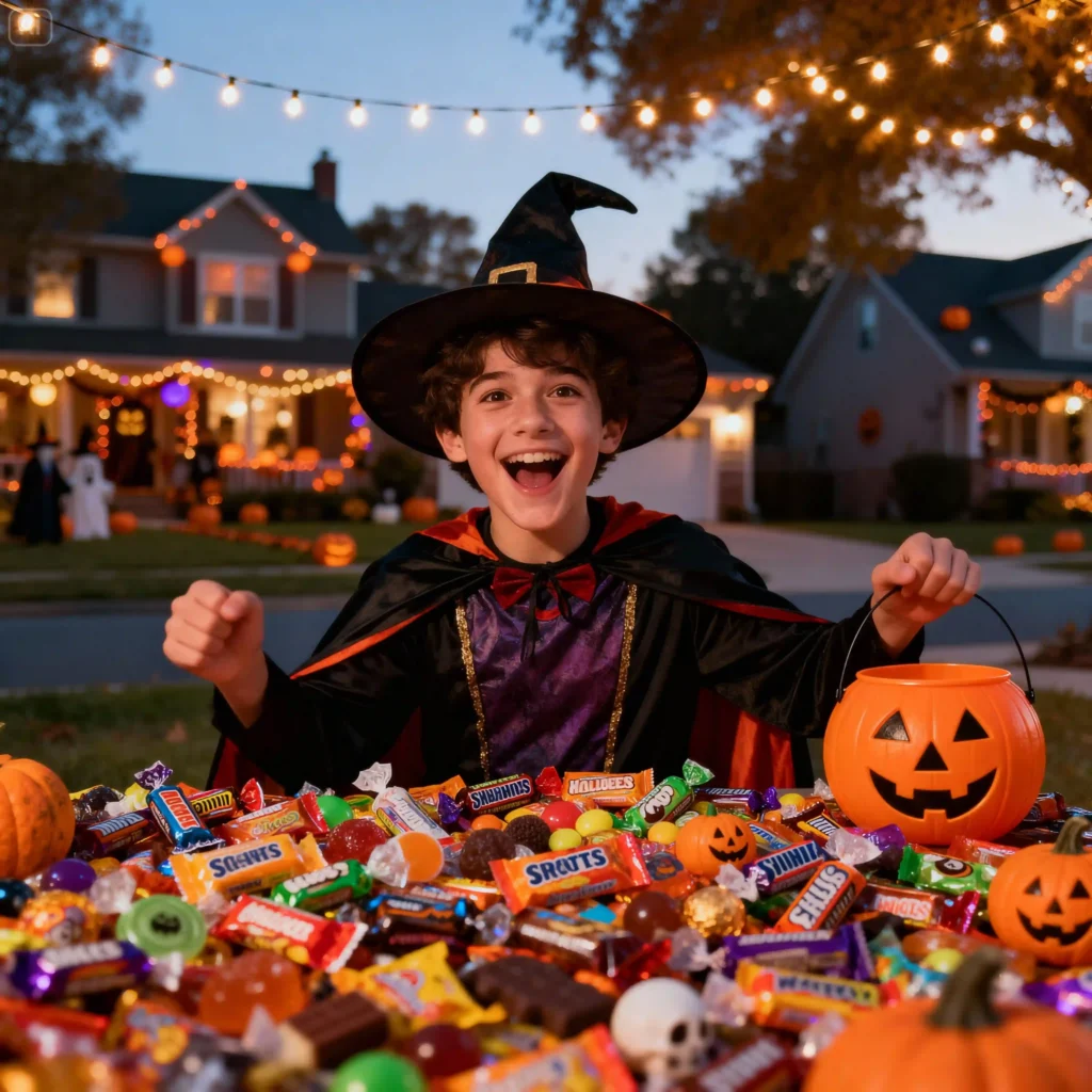 A joyful boy in a wizard costume smiles wide behind a large pile of trick-or-treat candy, holding a jack-o'-lantern bucket on a suburban street decorated for Halloween.