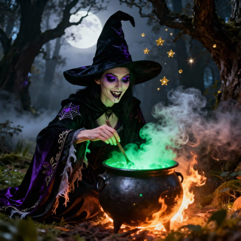A smiling witch with dark purple makeup stirs a bubbling, glowing green cauldron in a dark forest at night, with a full moon and magical sparkles in the air.