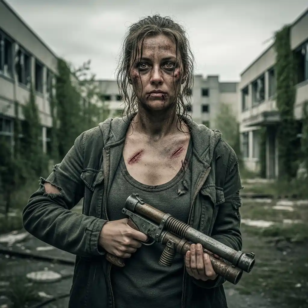 A Gemini AI-generated photo of a gritty female survivor in a zombie apocalypse, with a dirt-smudged face and cuts, holding a makeshift gun in front of derelict buildings.