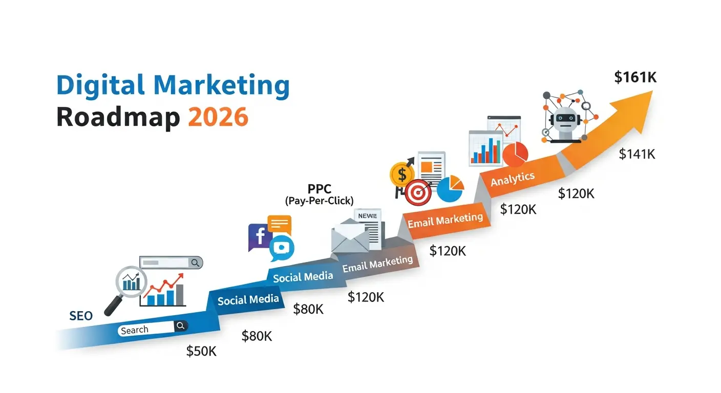 Digital marketing roadmap 2026 showing career path from beginner to $161K salary with SEO, PPC, social media, and AI skills