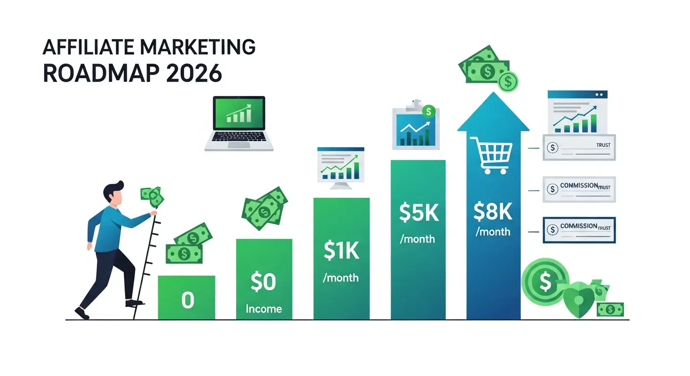 Affiliate marketing roadmap 2026 showing path from beginner earning $0 to advanced affiliate earning $8,038 per month