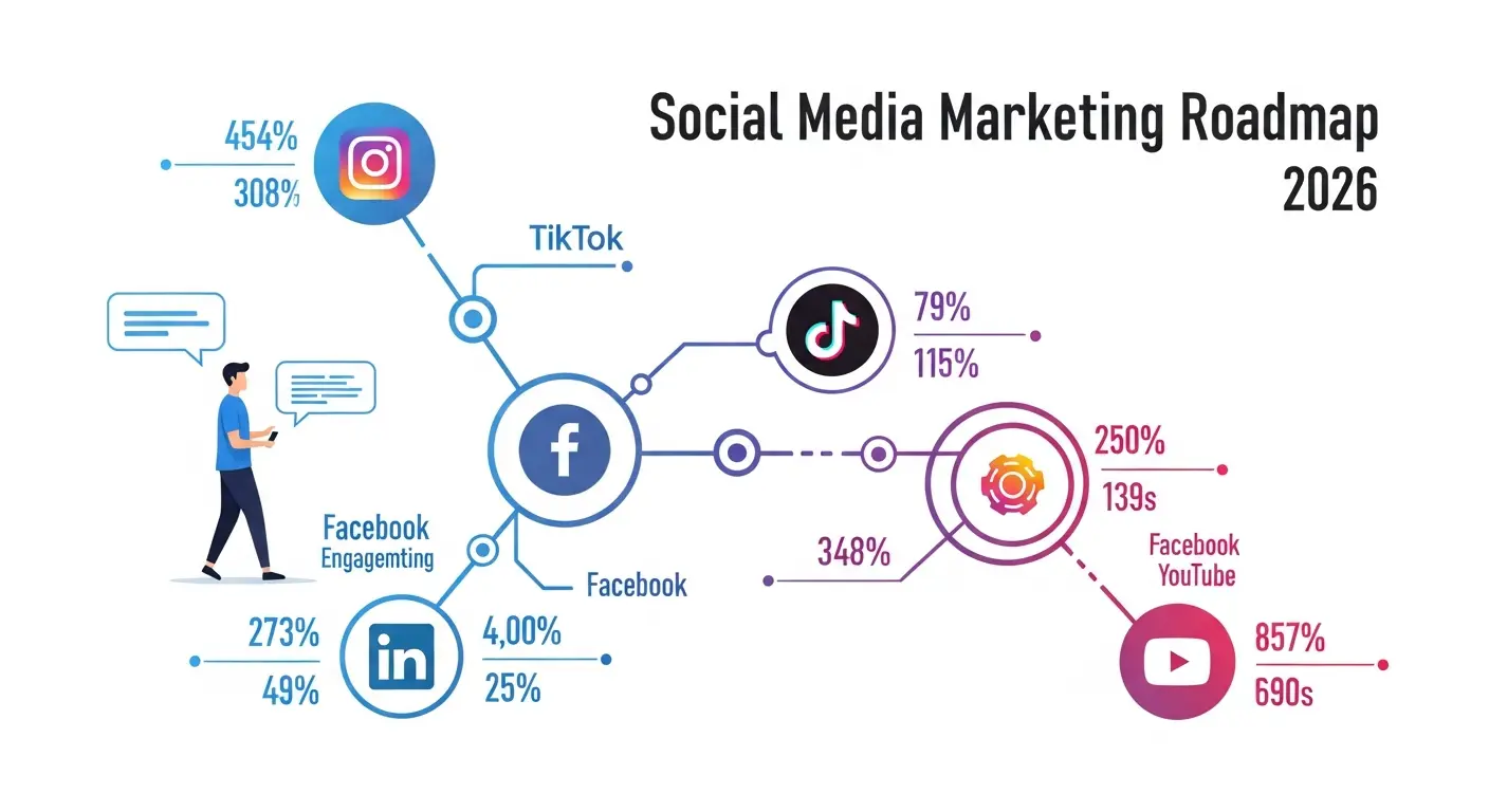 Social media marketing roadmap 2026 showing progression across platforms Facebook Instagram TikTok LinkedIn with engagement metrics