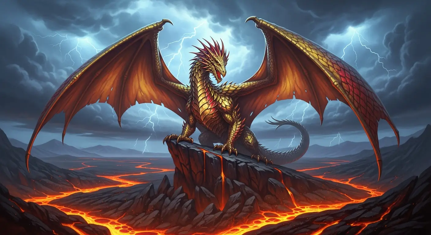 Adobe Firefly generated fantasy art showing majestic dragon on cliff with volcanic landscape background