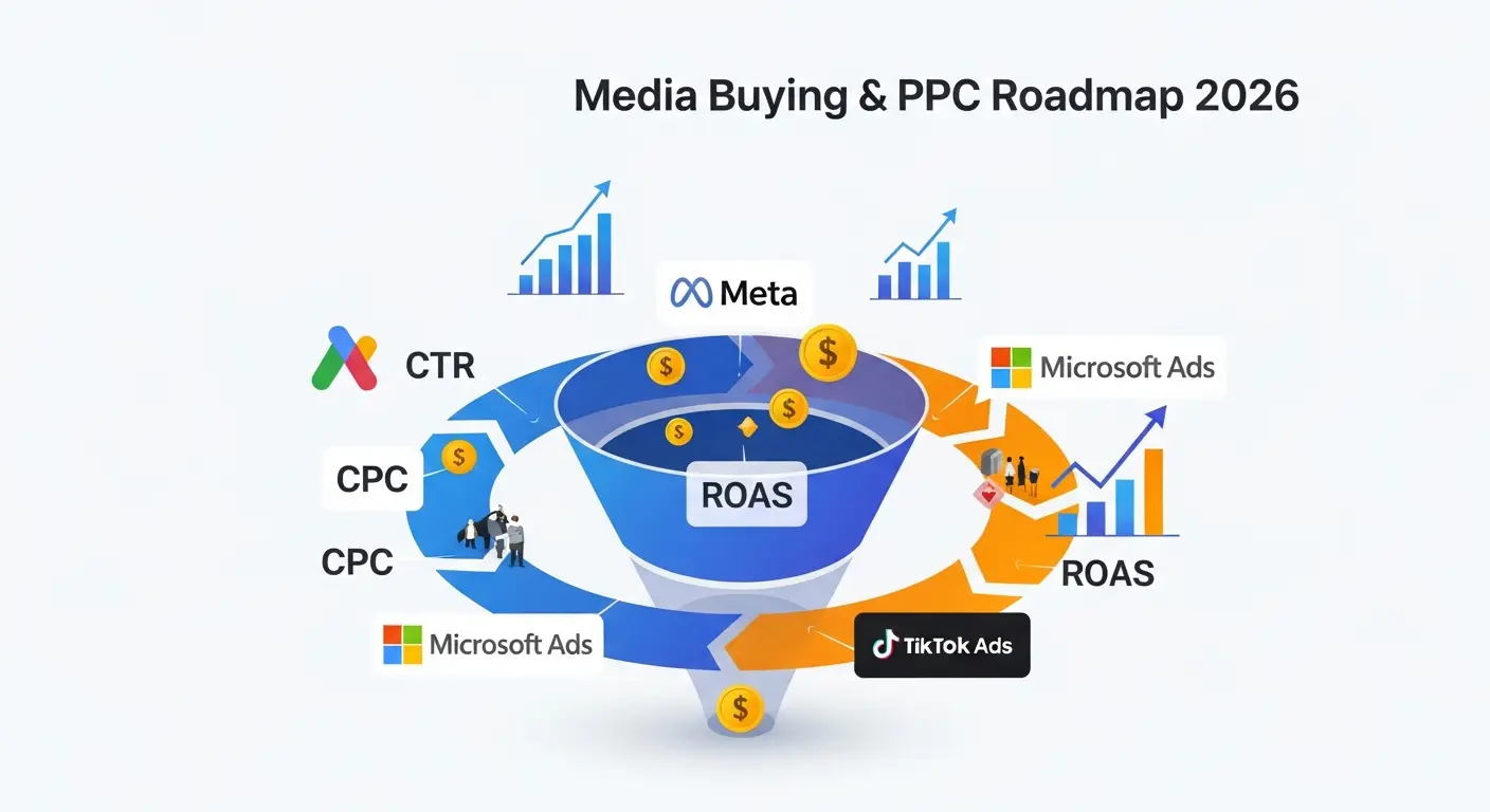 Media buying and PPC roadmap 2026 showing Google Ads Microsoft Ads Meta Ads progression with ROI metrics and campaign optimization