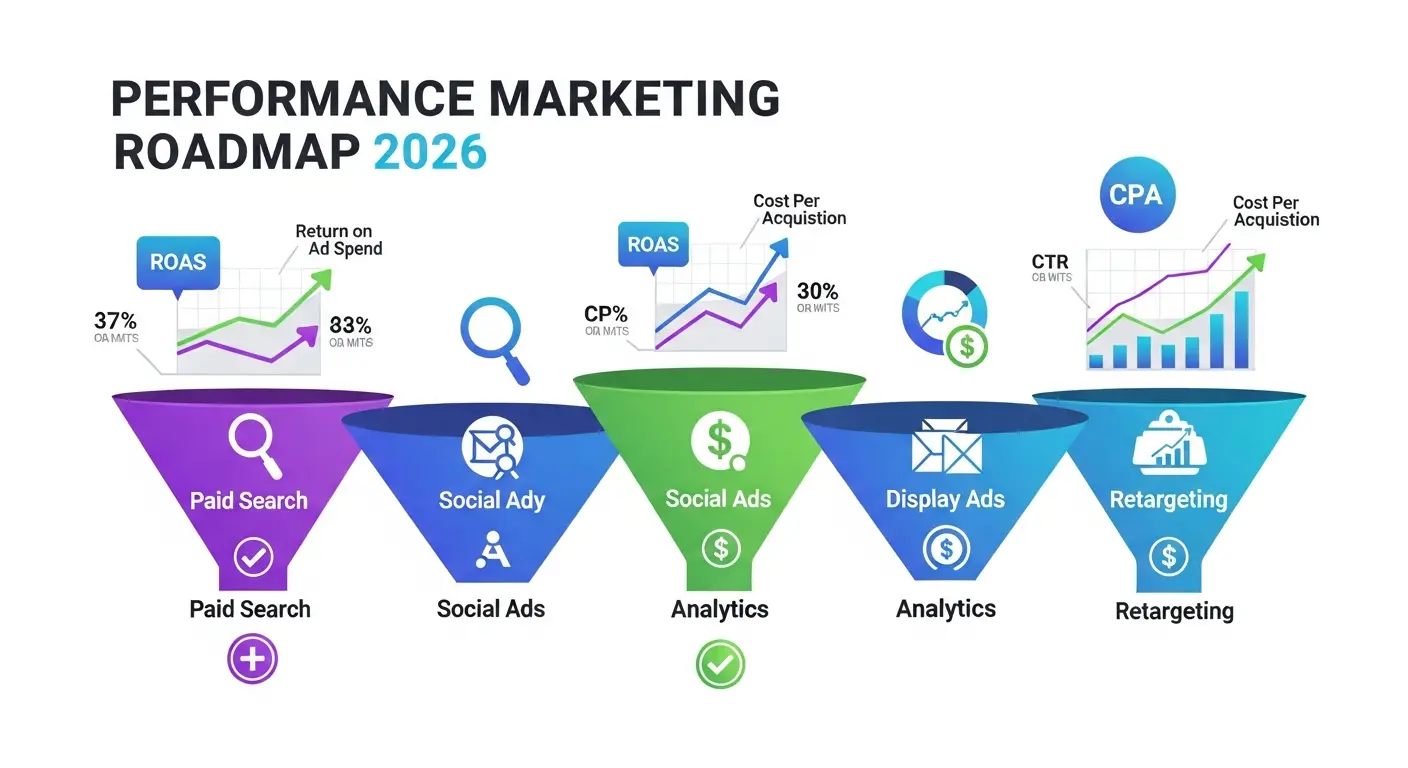 Performance marketing roadmap 2026 showing funnel stages with ROI metrics conversion tracking and multi-channel optimization