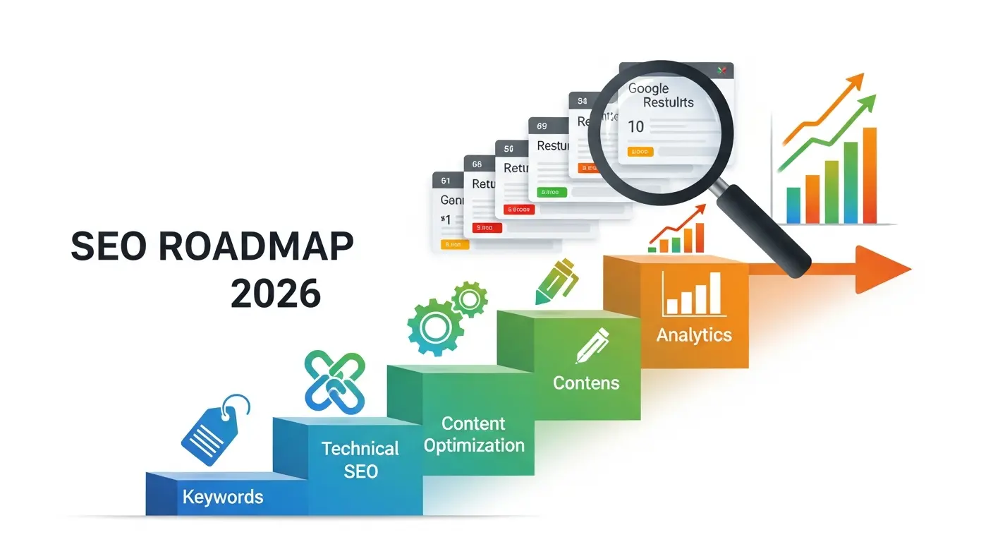 SEO roadmap 2026 showing Google ranking factors keyword research link building technical SEO with search results progression