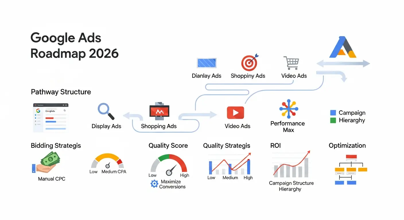 Google Ads roadmap 2026 showing campaign structure keyword targeting bidding strategies with search results and performance metrics