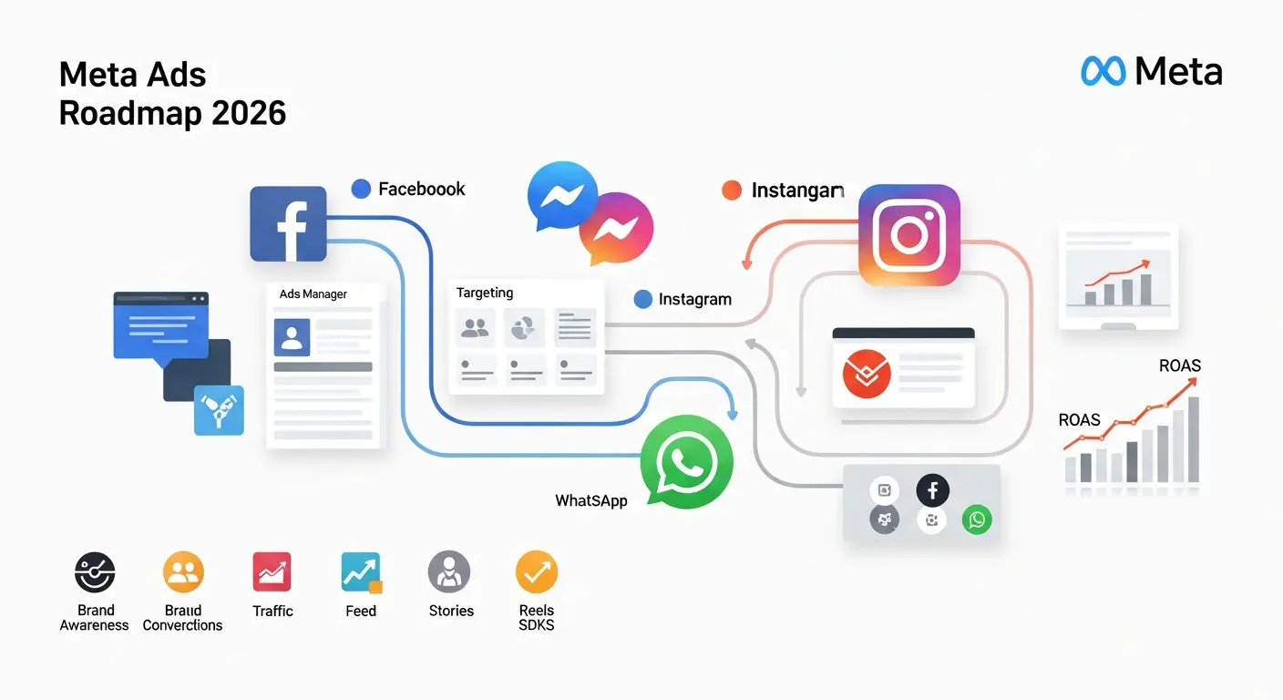 Meta Ads roadmap 2026 showing Facebook Instagram advertising campaign structure audience targeting with Ads Manager interface