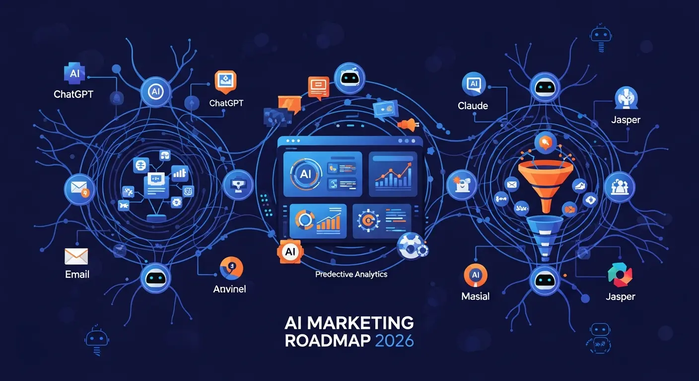 AI marketing roadmap 2026 showing artificial intelligence tools automation machine learning with marketing analytics dashboard