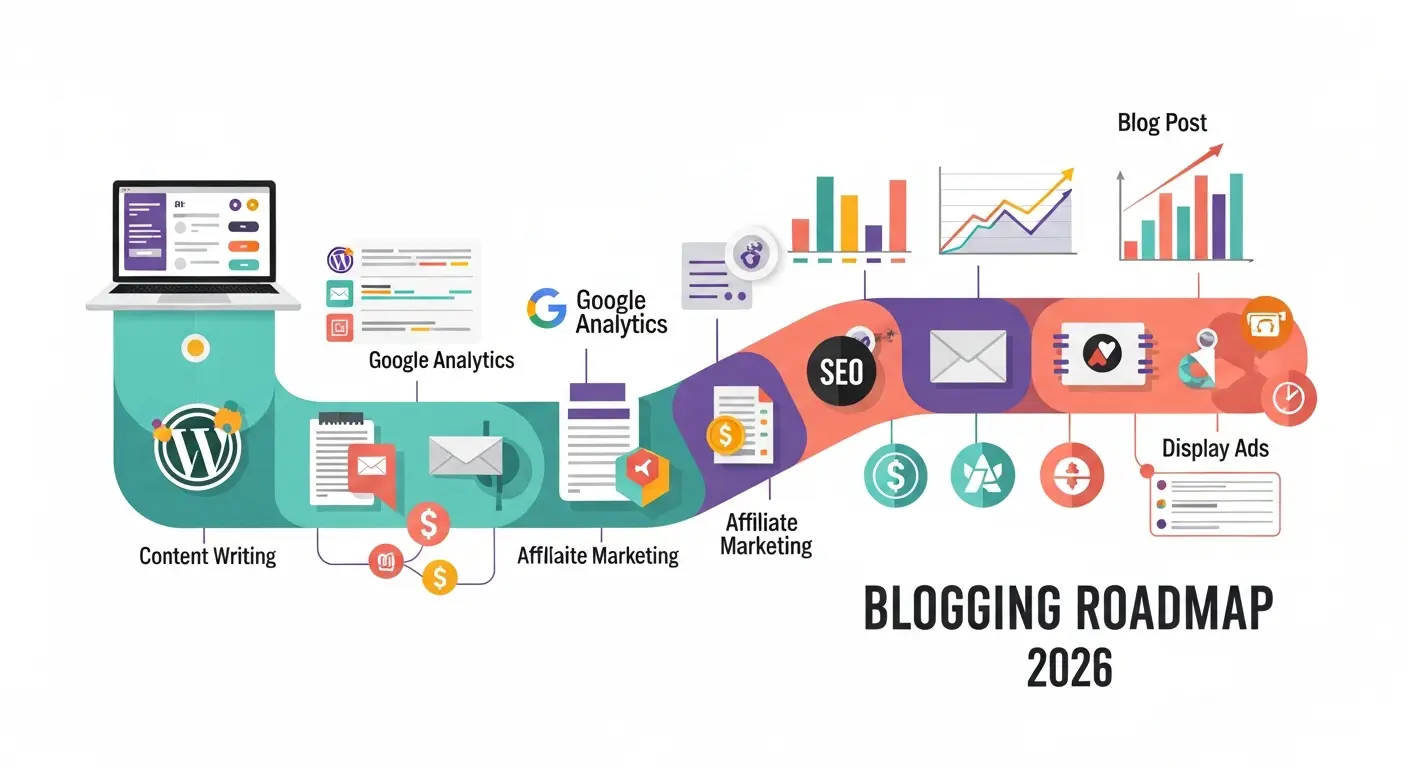 Blogging roadmap 2026 showing content creation SEO optimization monetization strategies with laptop and analytics dashboard