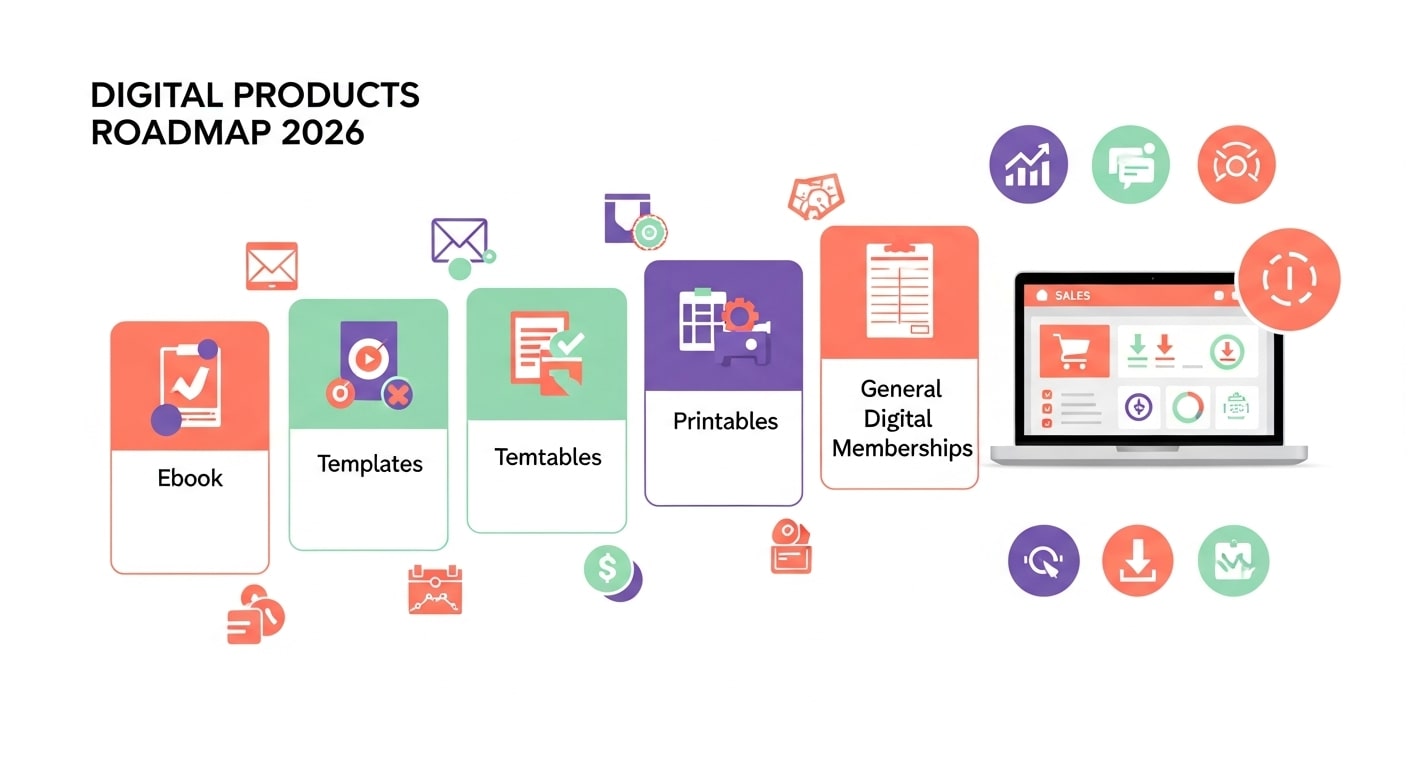 Digital products selling roadmap 2026 showing ebooks online courses templates memberships with sales dashboard and passive income icons