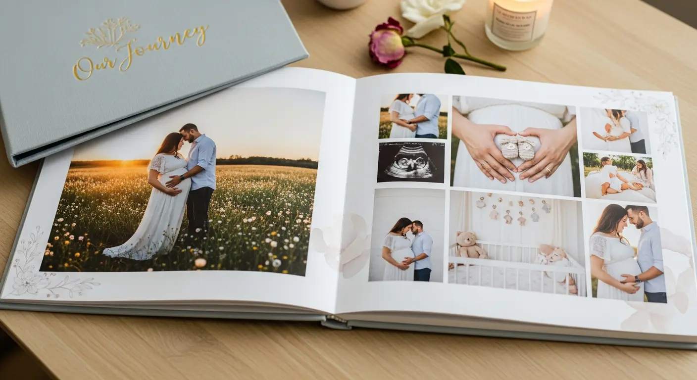 Pregnant woman in flowing dress cradling baby bump in beautiful maternity portrait created with Gemini AI