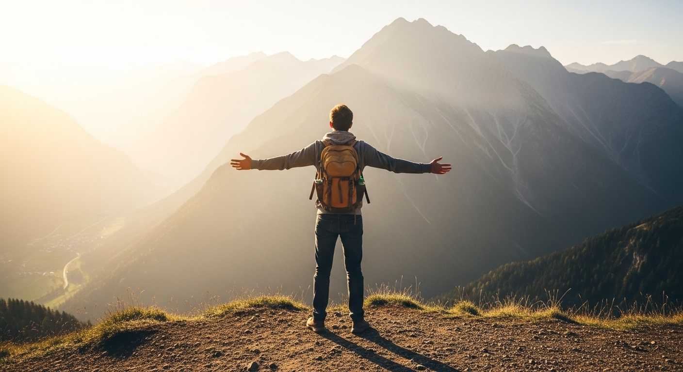 Traveler standing before dramatic mountain landscape in stunning wanderlust portrait created with Gemini AI