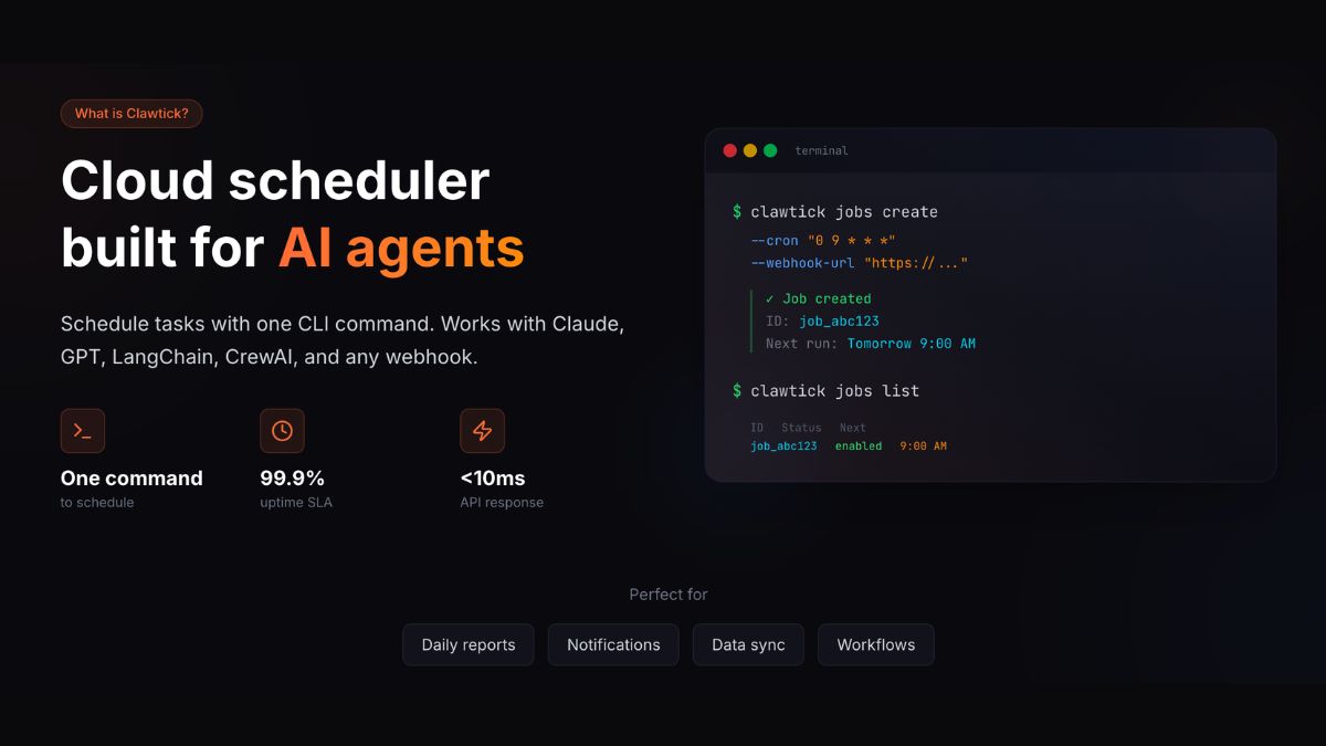 ClawTick Cron jobs for AI agents w/ one command