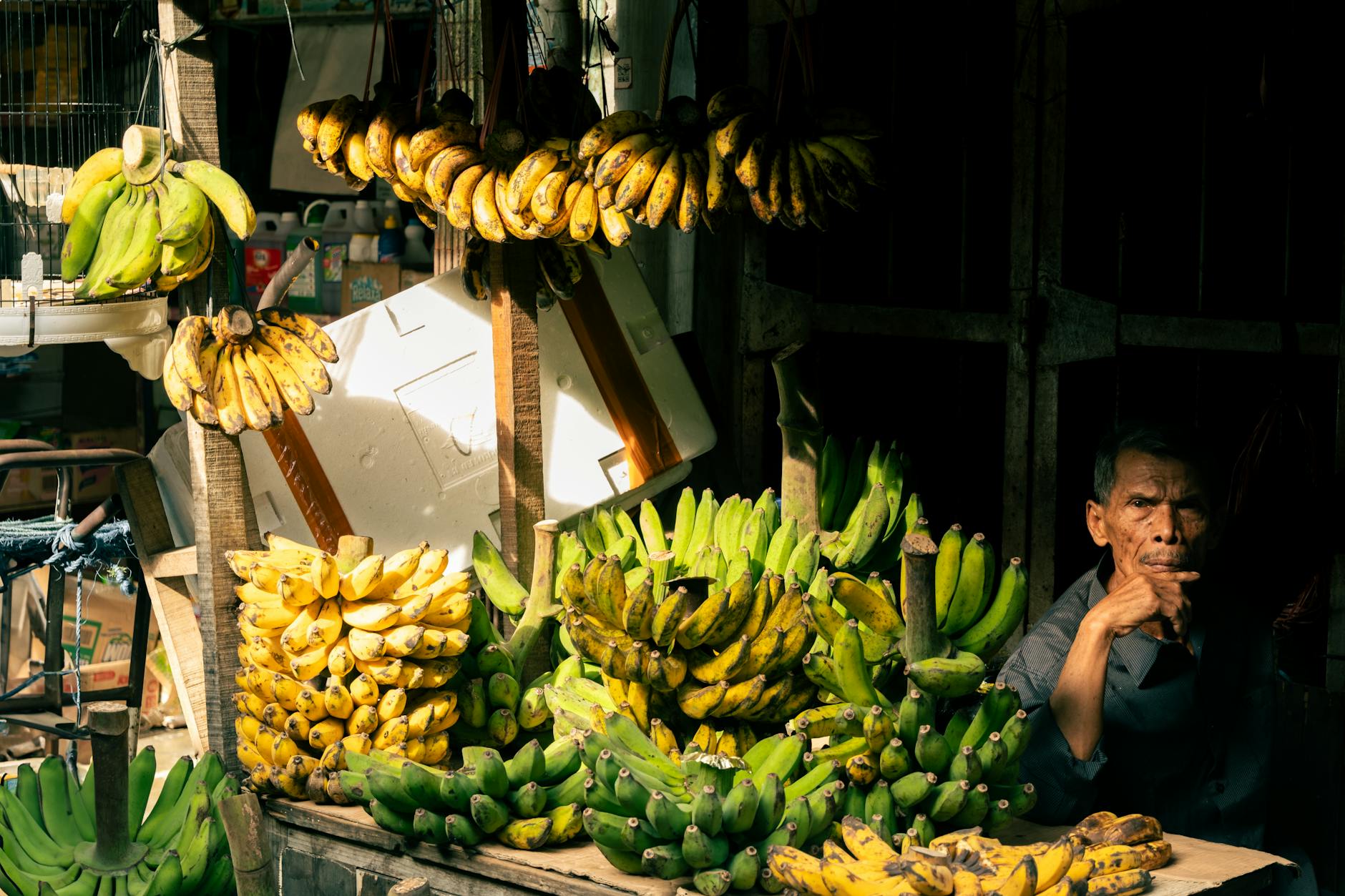 Elderly vendor at a traditional Asian market selling fresh bananas under sunlight. -- pijushsaha.com