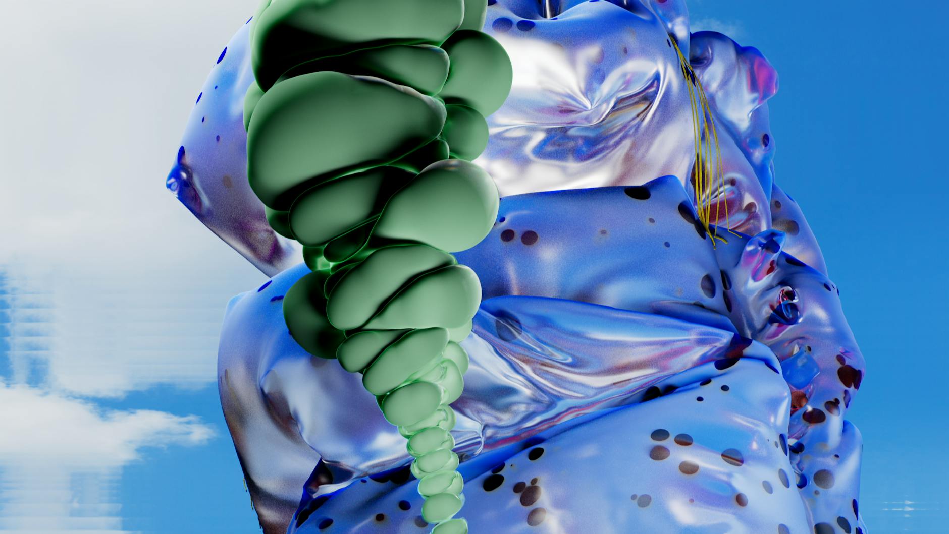 Vibrant 3D abstract artwork showcasing metallic textures against a clear sky. -- pijushsaha.com