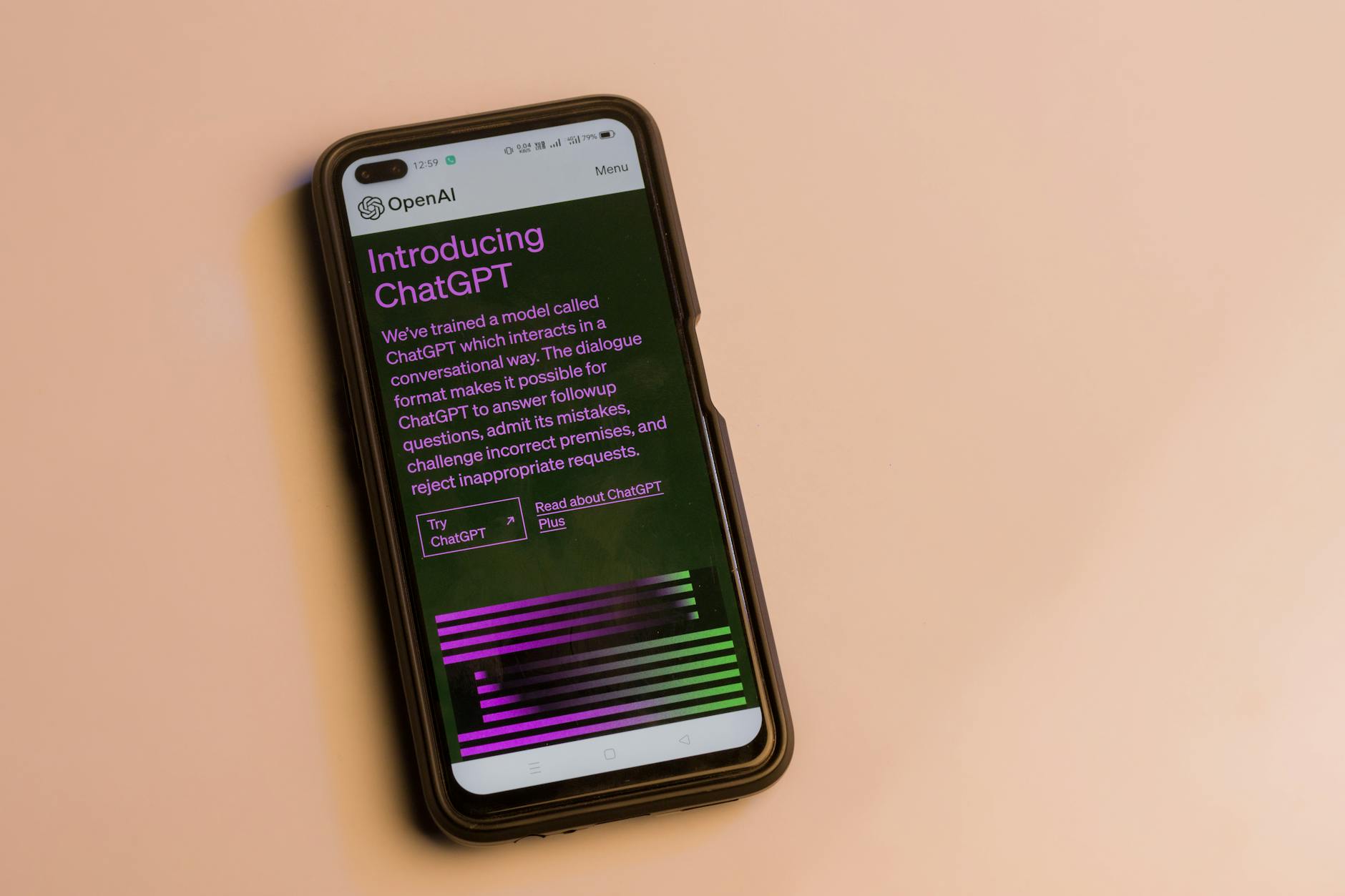 Smartphone screen showing ChatGPT introduction by OpenAI, showcasing AI technology. — pijushsaha.com