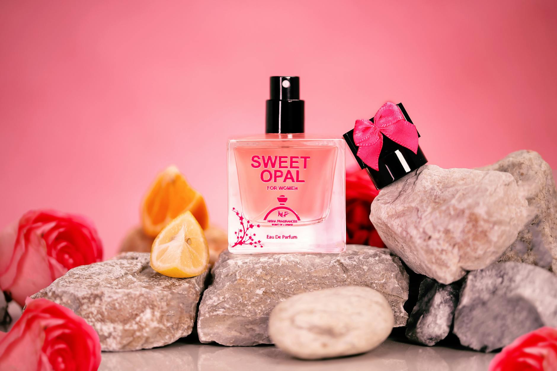 Elegant Sweet Opal perfume bottle with floral decor on pink stones, creating a modern aesthetic. -- pijushsaha.com
