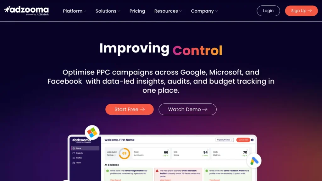 Adzooma homepage screenshot