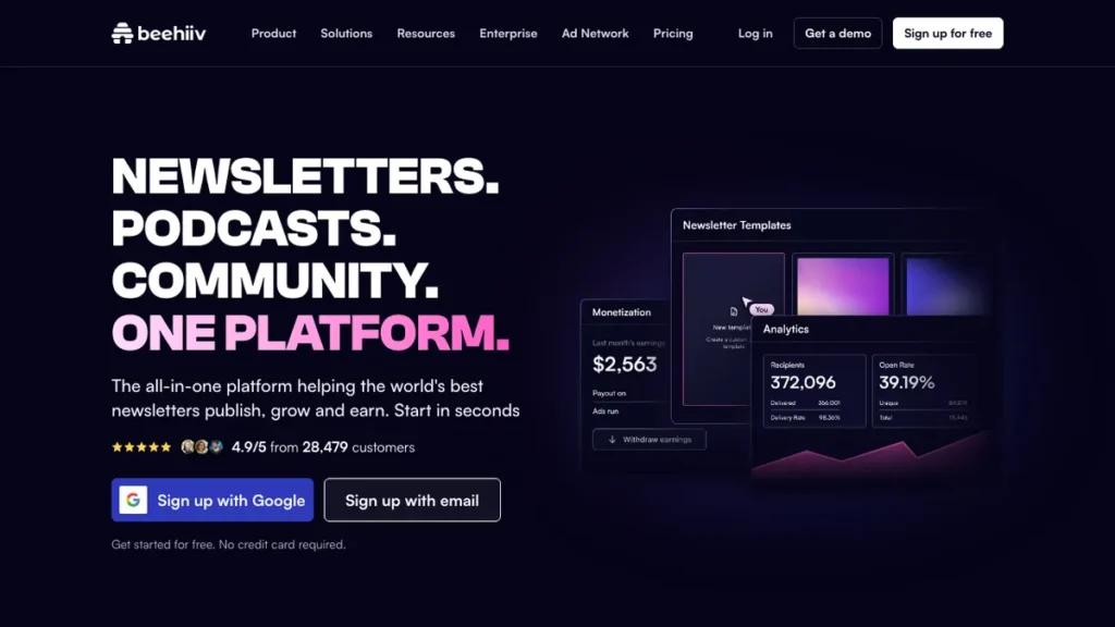 Beehiiv homepage screenshot