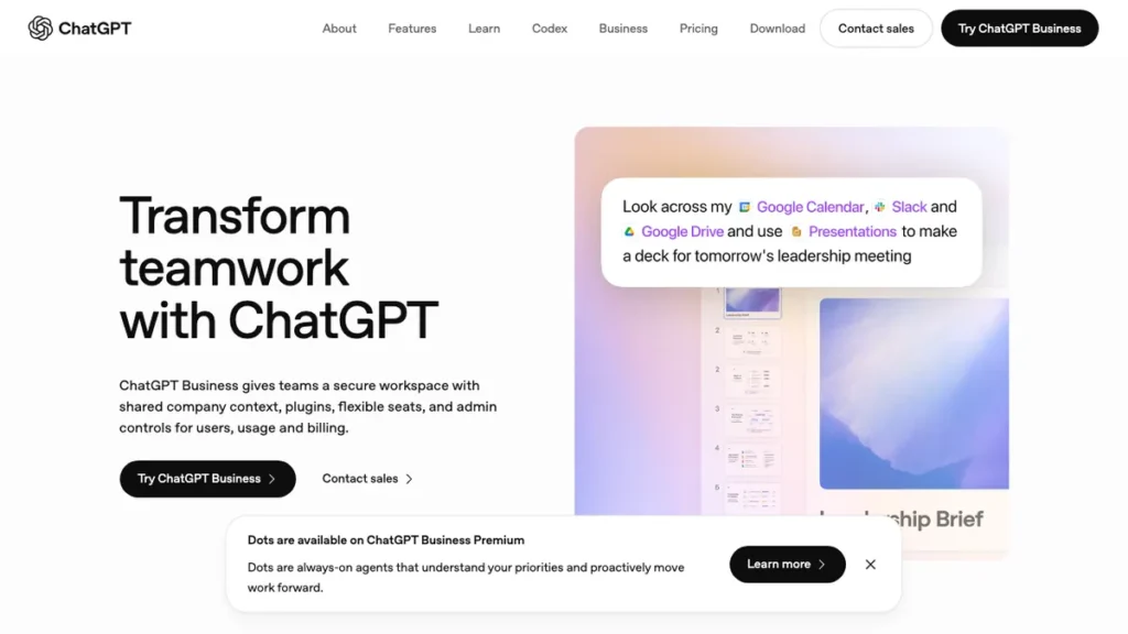 ChatGPT Business homepage screenshot