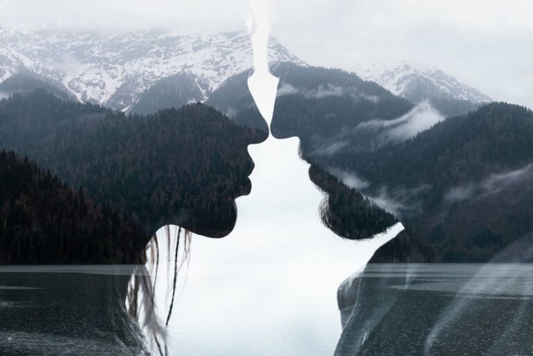 Silhouette of a couple's profiles blending with a serene winter landscape. -- pijushsaha.com