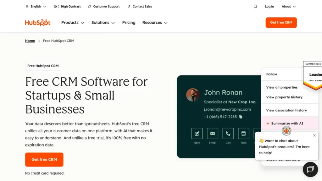 HubSpot Free CRM homepage screenshot