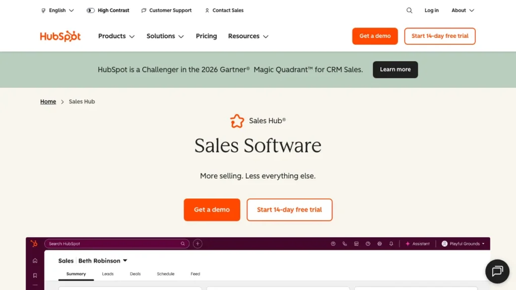 HubSpot Sales Hub homepage screenshot