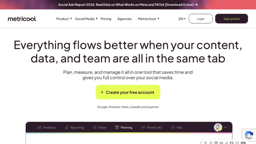 Metricool homepage screenshot