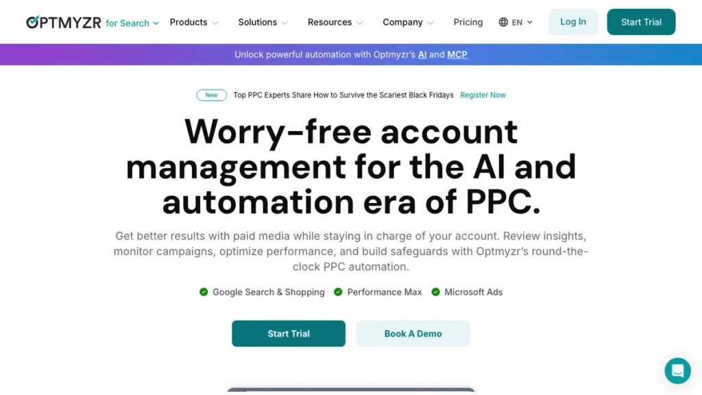 Optmyzr homepage screenshot