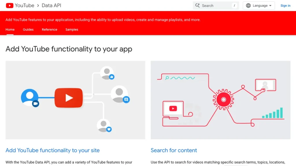 YouTube Data API v3 homepage screenshot