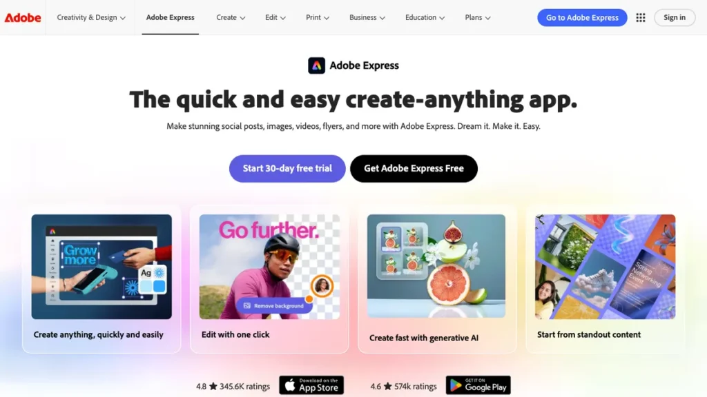 Adobe Express homepage screenshot