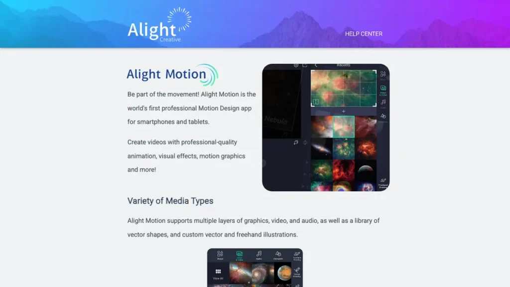 Alight Motion homepage screenshot