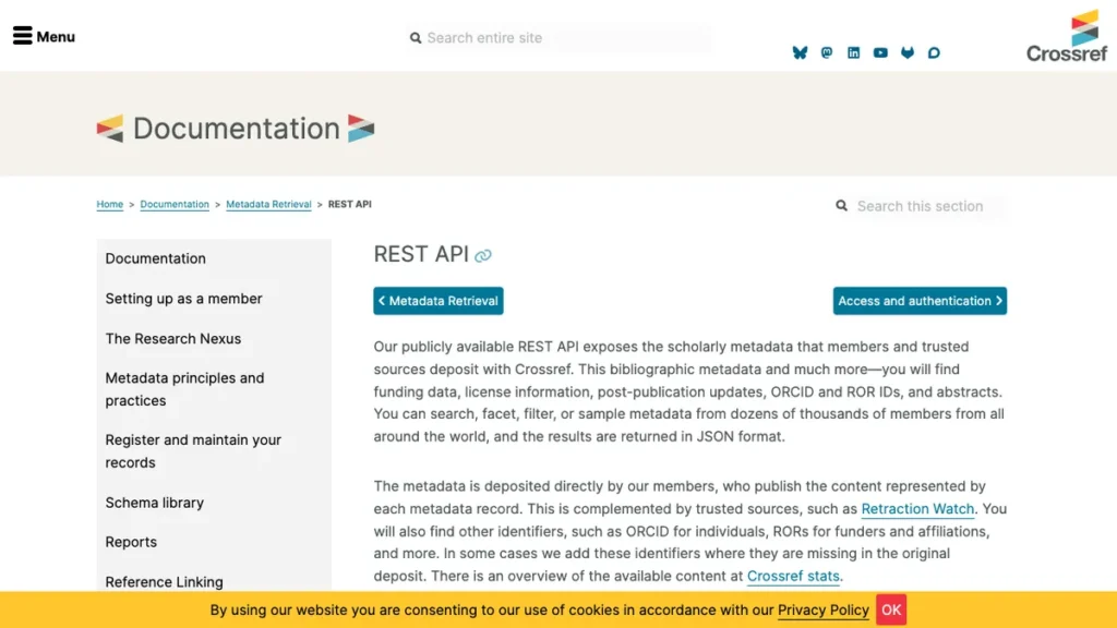 CrossRef API homepage screenshot