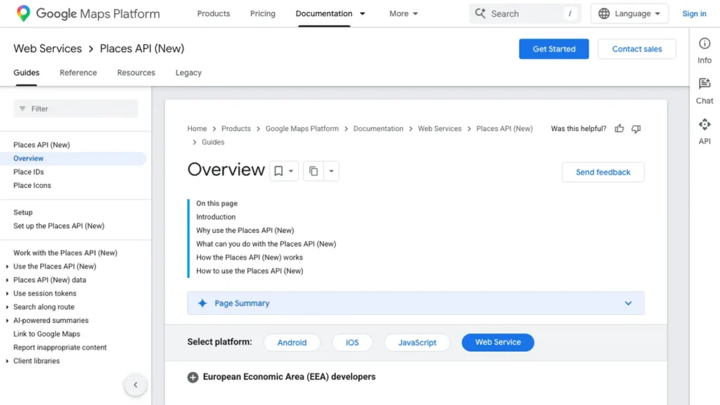 Google Places API homepage screenshot
