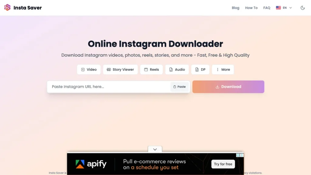 Instasaver homepage screenshot