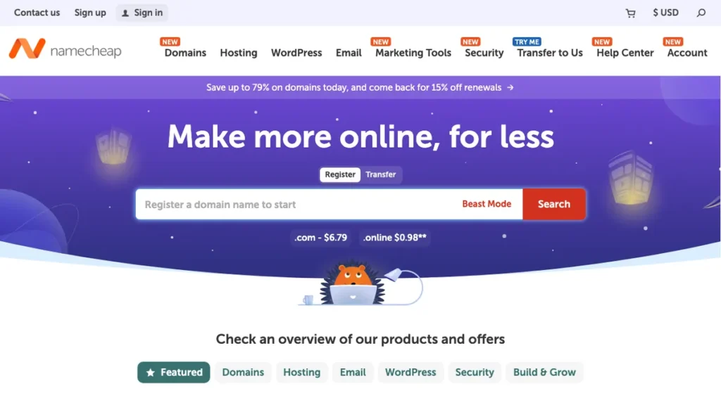 Namecheap homepage screenshot