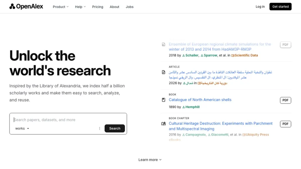 OpenAlex homepage screenshot